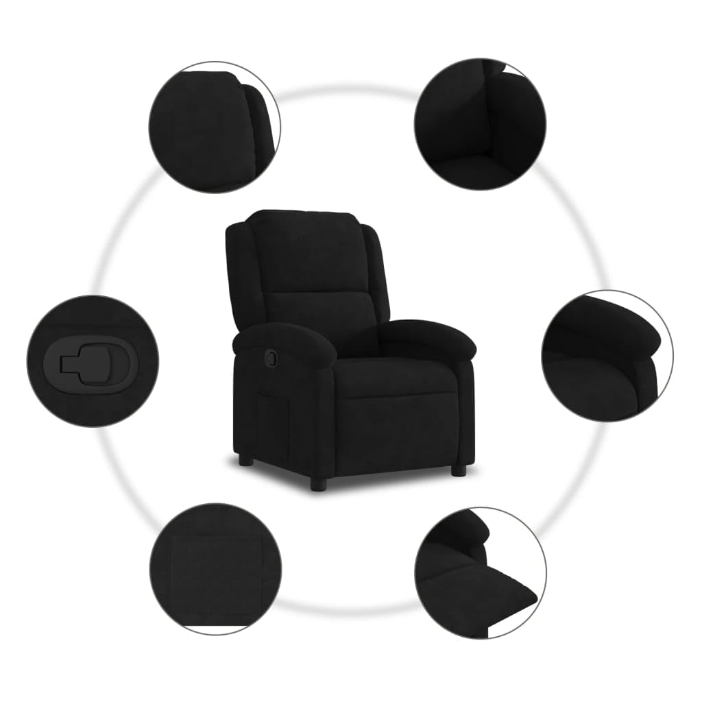 Fauteuil Inclinable en Velours Noir, Fauteuil de Relaxation Manuel pour Salon, Chaise avec Dossier Réglable 135 Degrés et Repose-Pied, Structure Métal et Bois