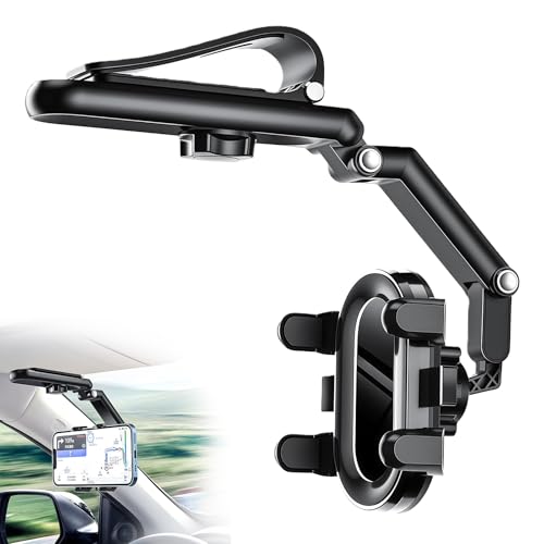 AMZAUTO Car Phone Holder Sun Visor, 360 Rotating Rearview Cell Phone Holder Mobile Mount, 1080 Multifunction Universal Cellphone Car Mount for Vehicle Rear View Mirror (Black)