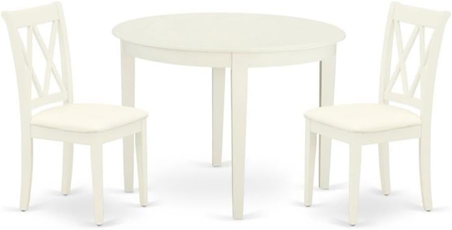 East West Furniture BOCL3-WHI-C 3 Piece Dining Room Table Set Contains a Round Wooden Table and 2 Linen Fabric Kitchen Dining Chairs, 42x42 Inch, Linen White