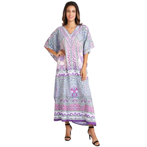 Image of Miss Lavish London Purple Ethnic Print Kaftan Dresses for Women V Neck Batwing Sleeve Beach Vacation Bikini Swimsuit Cover,Plus Size African&Dubai Caftan Maxi Beach Dress with Side Slits-Purple-2XL