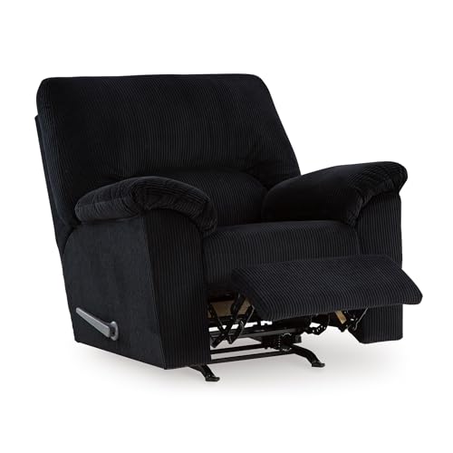 Image of Signature Design by Ashley SimpleJoy Rocker Recliner, Black | Buttery-soft polyester corduroy, Quick 1-step assembly, Oversized manual reclining seat for living rooms