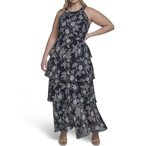 Tommy Hilfiger Women's Sleeveless Halter Neck Tiered Maxi Dress, Sky  Captain/Ivory Blue Floral, 14W at Amazon Women's Clothing store
