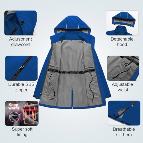 CREATMO US Jaqueta tática feminina, leve, impermeável, longa, softshell forrada com lã, Azul, G
