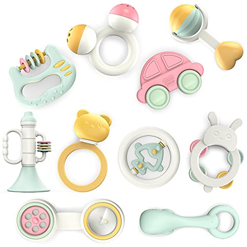 Image of Baby Toys Rattles Set, GizmoVine 10pcs Infant Grasping Grab Toys, Spin Shaking Bell Musical Toy Set Early Educational Toys with Storage Box for Toddler Newborn Baby 3, 6, 9, 12 Month Baby Gifts
