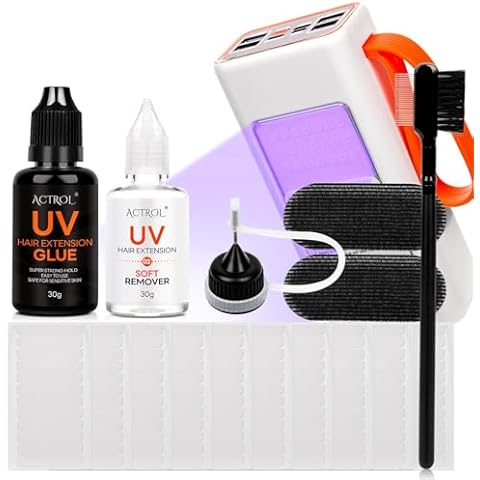 ACTROL UV Hair Extension Glue Kit V Light Hair Extension Glue UV Hair Extensions Glue Professional Hair Extensions Glue UV Dry Waterproof Mild UV Light Hair Glue Remover 30g Cover