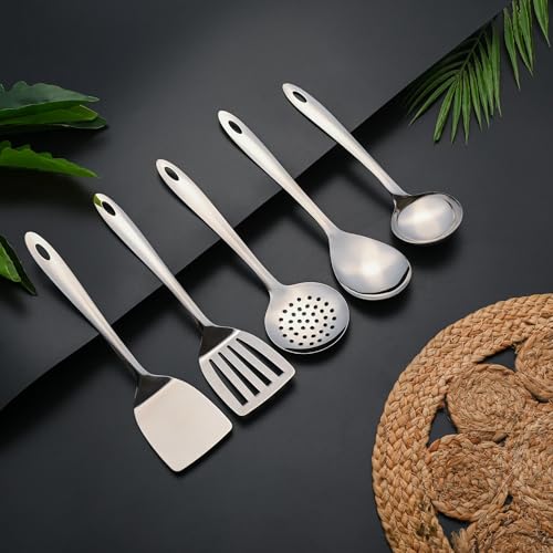 Image of Montavo by FnS 5 Pieces Stainless Steel Serving Tools Set | Slotted Turner, Soup Ladle, Skimmer Turner, Serving Spoon & Solid Turner | Kitchen Cooking Utensils for Home & Dining