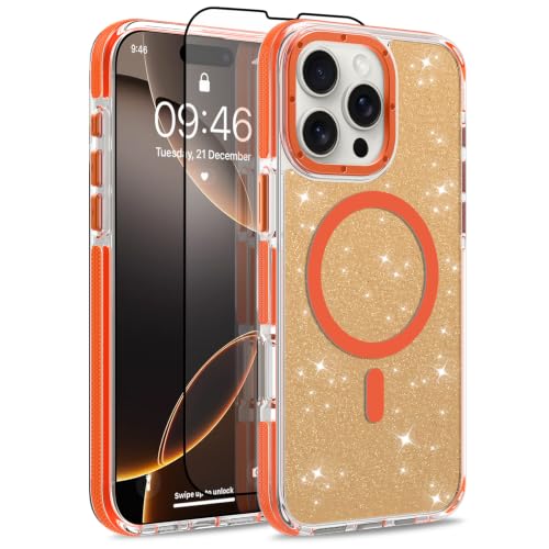 Image of Magnetic Case for iPhone 16 Pro Max [Compatible with Magsafe] [Bling Glitter Fluorescent Design] [1 Screen Protector] Slim Translucent Matte Case for iPhone 16 Pro Max 6.9 inch 2024, Orange