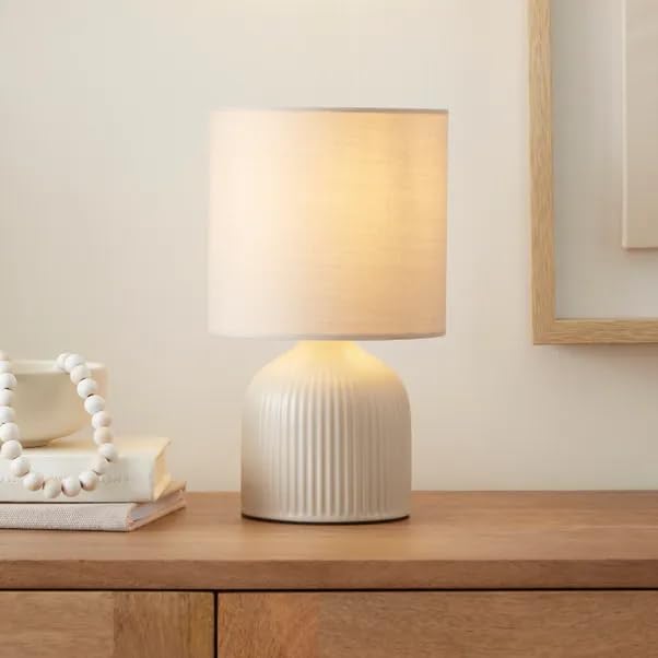 New Ribbed Ceramic Table Lamp – Modern Fabric Shade – E14 SES Fitting – Inline Switch – 4W Max – Compact Bedside or Desk Light M-01 (Cream) — image 1