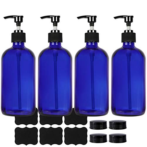 STARSIDE 4 Pack 16 oz Blue Glass Boston Bottles with Pumps,Refillable Glass Pump Bottles for Essential Oils, Bath, Shampoo, Lotion & Cleaning Products.Include 4 Durable Caps & 6 Chalk Labels.