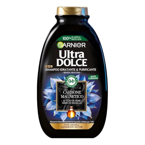 Garnier Ultra Dolce Carbone Magnetico, Shampoo Idratante e Purificante, 94% Origine Naturale, Per Cute Grassa e Lunghezze Secche, Senza Siliconi, 300 ml