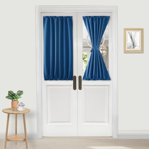 Image of DWCN French Door Curtains - Rod Pocket Thermal Blackout Curtain for Window /Patio Doors /Doorways /Classroom /Kitchen for Privacy, 25W by 40L Inches, 1 Panel with Tieback, Classic Blue