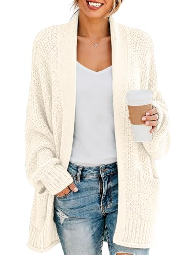 Putysenxi Womens Open Front Cardigans Chunky Long Sleeve Casual Outwear Loose Fit Sweater Coat Fall Winter with Pockets Off-White
