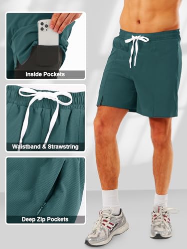 TXJ Sports Men's 2 in 1 Running Shorts 5" Athletic Workout Shorts for Men with Compression Liner Zip Pockets Gym Training Dark Green — view 4