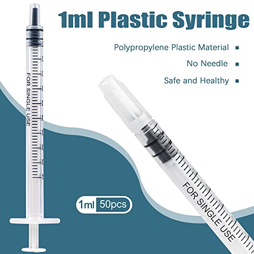 50 Stück 1 ml Kunststoff Spritzen mit Kappen ohne Nadel Kolostrumspritze zum Nachfüllen und Messen von Flüssigkeiten, wissenschaftliche Labore, Pflanzenbewässerung, Haustierfütterung
