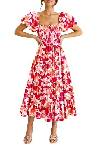 PRETTYGARDEN Women's Casual Summer Midi Dress Puffy Short Sleeve Square Neck Smocked Tiered Ruffle Dresses (Floral Red,Large)