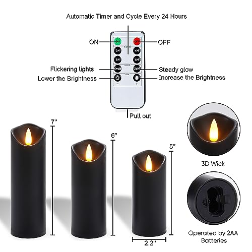 Image of Homemory Black Flameless Candles, Halloween Candles, Battery Operated Candles, LED Pillar Candles with Remote Control and Timers, Set of 9