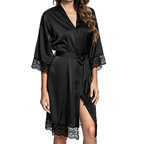Peignoir Satin Noir Manches Courtes Taille L - Occasion Très Bon état - Marque Générique
