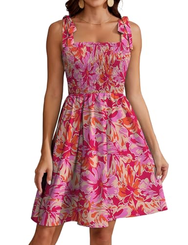 Actcat Sommer Boho Kleid mit Blumendruck, Spaghettiträgern, quadratischem Ausschnitt, hoher Taille, Knielang, ärmellos, 2024