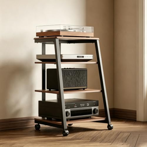 4-Tier Modern Stereo Cabinet, Heavy Duty Audio Rack with Shock-Absorbing Feet, Wood Media Storage Cabinet for Living Room & Gaming Room
