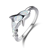 Bamos Shark Ring, 14K White Gold Plated Animal Rings Fish Ring Mounted with Opal for Women Girls Men