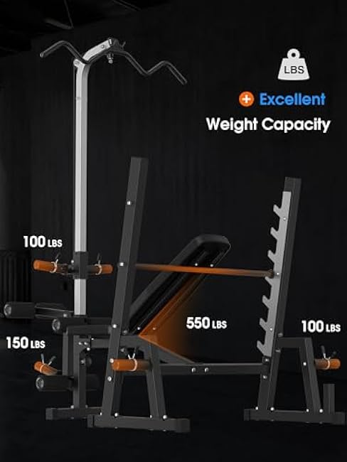 JX FITNESS Olympic Weight Bench with LAT Pulldown Pulley System and Preacher Curl Pad, Workout Bench Press Multi-Function Weight Lifting Gym/Home Gym