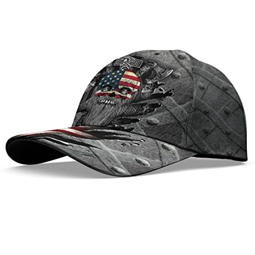 Image of Viking American Flag Skull Cap for Men, Viking Skull Us Flag Skeleton Gothic Horror, Adjustable Caps for Men Women