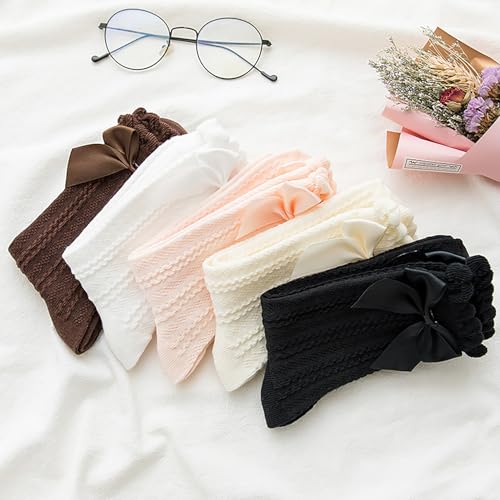 Image of Starella 5 Pairs Women's Ruffle Frilly Socks Coquette Bow Lolita Preppy Crew Dress Sock for Girls KQ082