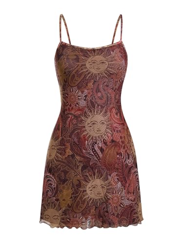 Image of Milumia Women's Summer Mini Dress 90s Boho A Line Mesh Short Dresses | Spaghetti Strap,Sleeveless,Vintage,Paisley Print,Festival Outfits,Cowgirl,Y2k,Goth,