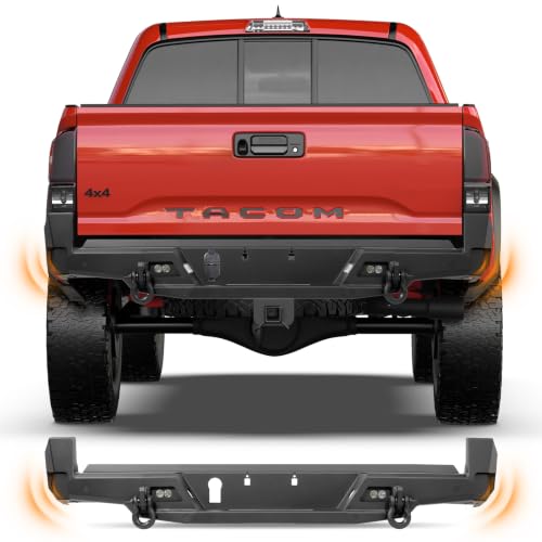 Heavy Duty Steel Rear Bumper Compatible With Tacoma 2016-2023 Improve Off-Road With 18W LED Lights D-Ring BSM Blind Spot Monitor & Parking Sensor Compatible Textured Black