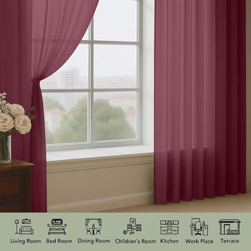 Image of OWENIE Sheer Curtains 2 Panels Set for Bedroom Living Room, Soft Solid Rod Pocket Light Filtering Window Treatment, 2Pcs Each 59 inch W x 96 inch L, Burgundy Wine