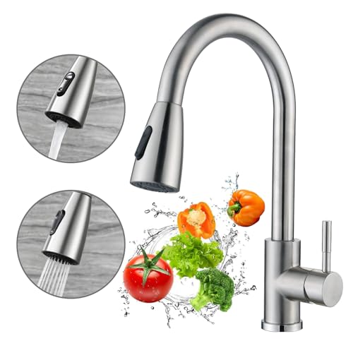 Sendowtek Grifo de Fregadero de Cocina, Grifo de Cocina Acero Inoxidable Extraible, Mezclador para Fregadero de Cocina, Grifo Giratorio de 360° con Rociador Desplegable, Diseño...