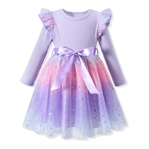 3T Girl Clothes Toddler Girls Tulle Dress Fall Long Sleeve Dresses Winter Spring Ruffle Clothing 3-4T Purple Cover