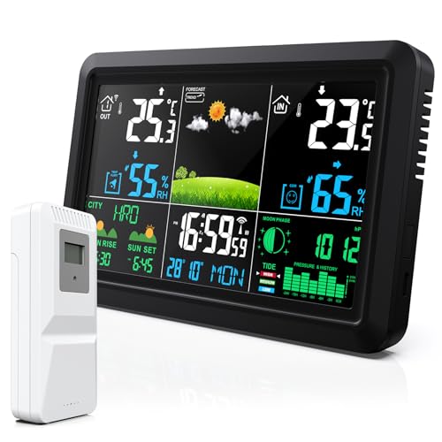 Snorthy Weather Station with Wireless Outdoor Indoor Sensor, Radio Controlled Clock, Indoor Outdoor Temperature Thermometer, Moon Phase, Weather Forecast, Barometer, Humidity Monitor for Home Garden