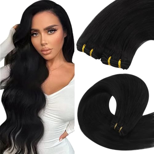 YoungSee Echthaar Tressen Schwarz 55cm Tressen Extensions Echthaar Haartressen Echthaar zum Einnahen Weft Tressen Weaving Hair Extensions Weft Extensions Echthaar Tressen Doppelt Tressen 100g 1