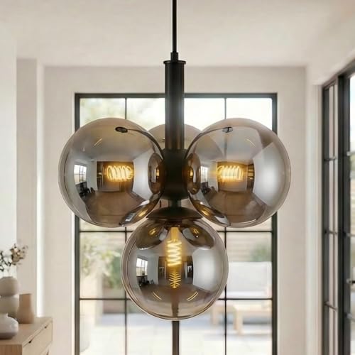 ALZWDHZ Glass Globe Chandeliers, 4-Light Black Dining Room Light Fixture,