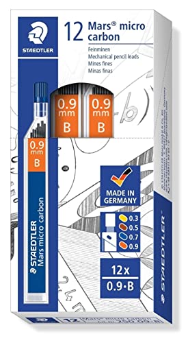 Staedtler Mars micro carbon 250 09-B. Minas finas de grafito. 12 tubos de minas de 0,9 mm y graduación B.