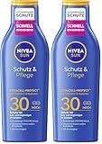 NIVEA SUN Schutz & Pflege Sonnenlotion LSF 30, wasserfester Sonnenschutz mit Vitamin C & Hyaluron, schnell einziehende Sonnencreme für 48h Feuchtigkeit ohne weißen Film (200 ml) (Packung mit 2)