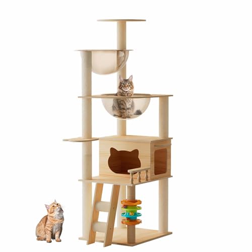 Torre moderna para gatos de madera 59 pulgadas con poste de sisal miniatura 1