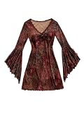 WDIRARA Women's Vintage Floral Print V Neck Dress Mesh Split Ruffle Long Bell Sleeve Dresses Red X-Large