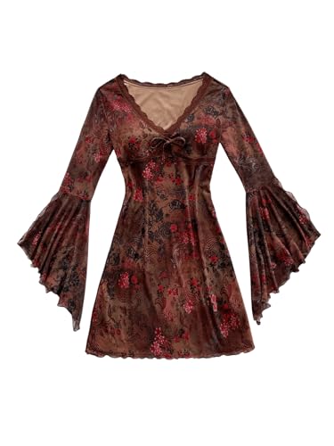 WDIRARA Women's Vintage Floral Print V Neck Dress Mesh Split Ruffle Long Bell Sleeve Dresses Red X-Large
