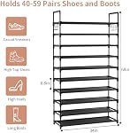 10 Tier Shoe Rack, Large Capacity Tall Shoe Storage Organizer Holds 50-55 Pairs Shoes and Boots, Vertical Shoe Shelf Cabinet with Versatile Hooks for Closet Entryway Garage Bedroom