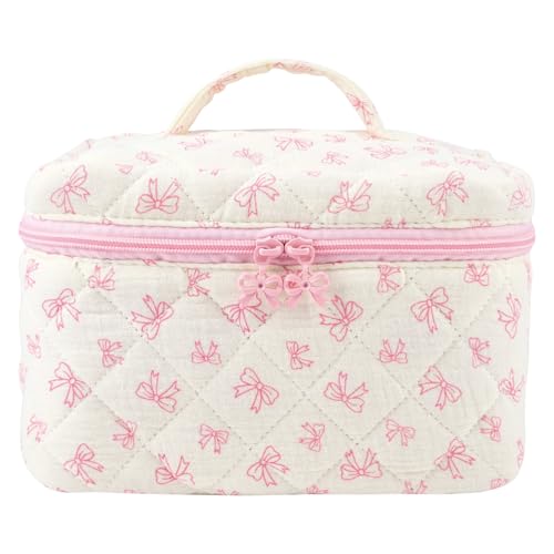 SOIDRAM Large Makeup Bag Quilted Makeup Bags Cute Cosmetic Bag for Women Girls Floral Coquette Aesthetic Toiletry Bag Travel Make Up Organizer Pink Bow Skincare Bag