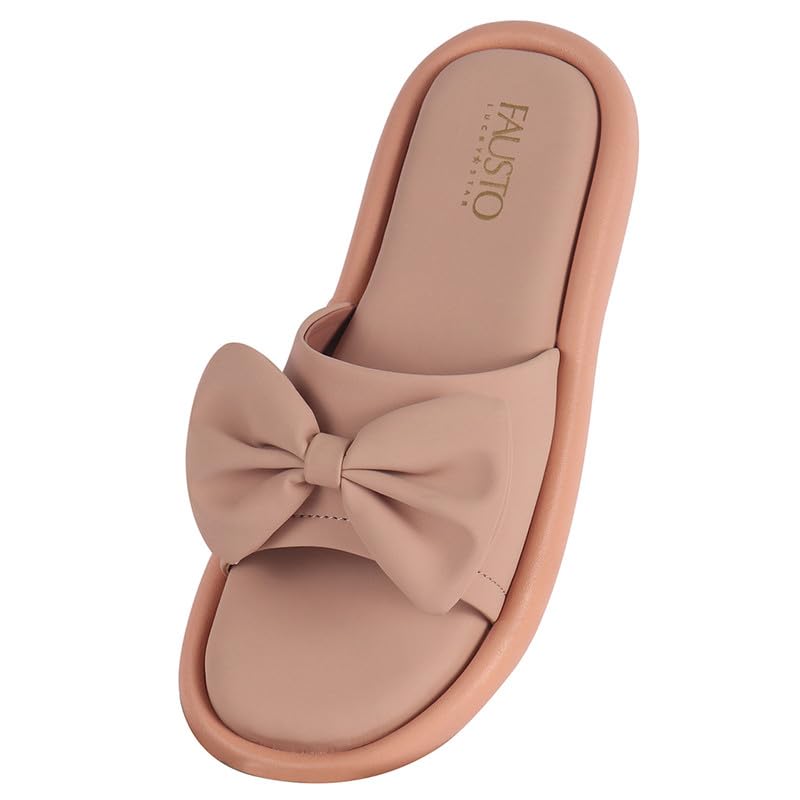 Image of FAUSTO Women Open Toe Bow Design Slip On Sliders | Extra Comfort Cushioned Insole Slippers | Classic Flat Sandals for All Day Long
