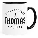 MoonWorks® Tasse Geschenk Geburtstag personalisierbar Schriftzug High Voltage anpassbarer Name und Geburtsjahr Kaffeetasse schwarz Keramik-Tasse