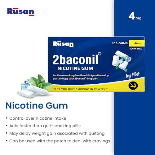 Image of Rusan 2baconil 4mg 100 Nicotine Gums | Icy Mint Flavor | Sugar-Free | Quit Smoking & Chewing Tobacco /Gutkha | Nicotine Replacement Therapy | Reduces Cravings & Withdrawal Symptoms