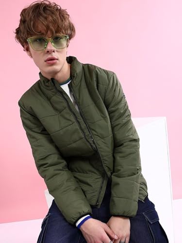 Image of The Indian Garage Co Men Olive Regular Fit Solid Quilted Puffer Jacket (Olive L)