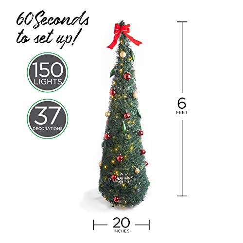 Pop Up Christmas Tree With Lights - 6Ft, Collapsible For Easy Storage, 150 Warm White Led, Ornaments & Bow Included, Decorated Artificial Pencil Tree, Green #TOP1