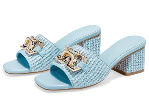 Image of Coutgo Womens Raffia Slide Sandals Chunky Block Heeled Square Open Toe Metal Chain Slip on Mules Dressy Shoes