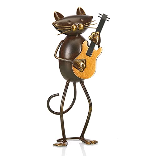 Aayla Cat Statue 10.6'H Metal Funny Musical Kitty Figurine Gift for Music Lover (Guitar)