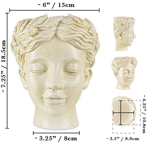 Head Planter For Flat Surface & Wall Mount - These Elegant Face Pots For Plants Come With Wall Hanging Hardware & Plastic Liner - Handmade Of Durable Resin For Indoors & Outdoors, Beige #TOP5